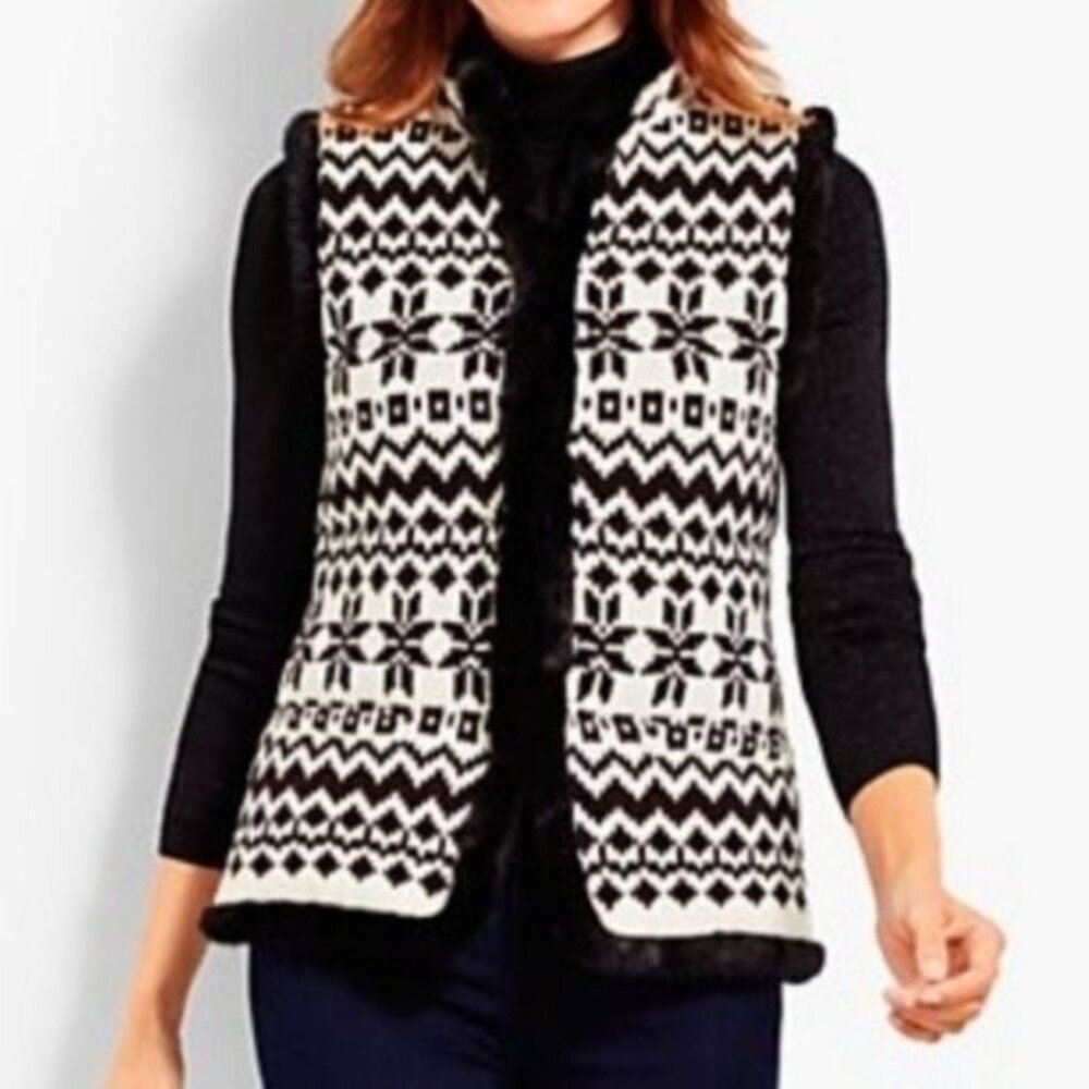 Talbots Knit Fair Isle Sweater with Fur Trim Black White